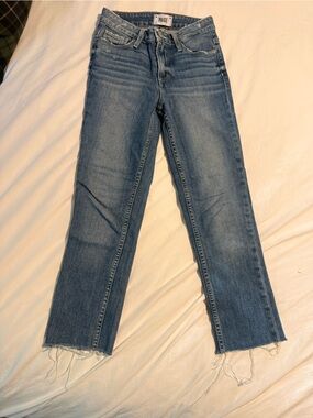 PAIGE Medium Blue Skinny Jeans with Frayed Hem